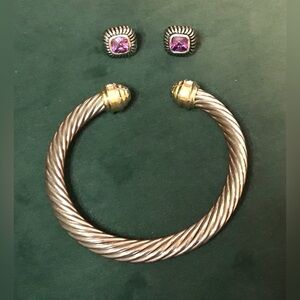 Lot of Silver And Gold Tone Bangle Bracelet With Purple Square Earrings